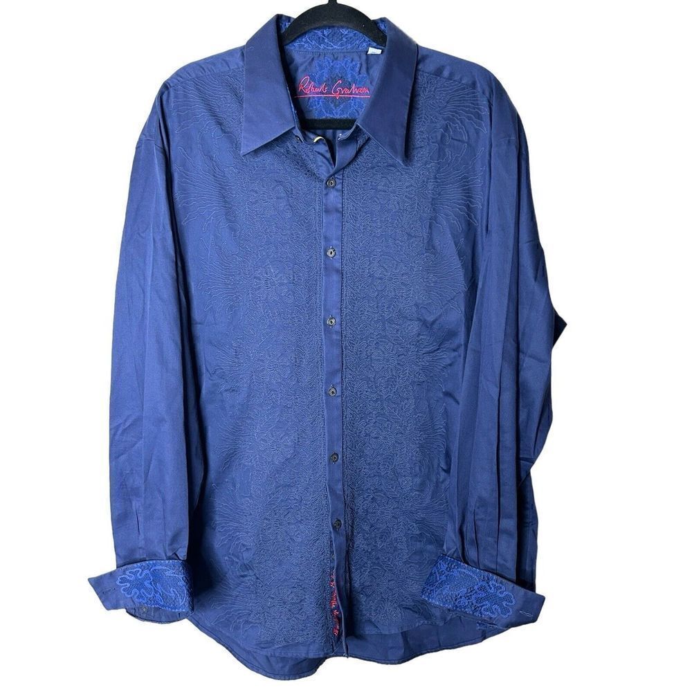 Robert Graham Knowledge Wisdom Truth Men Floral Print Navy Shirt Embroidered 2XL